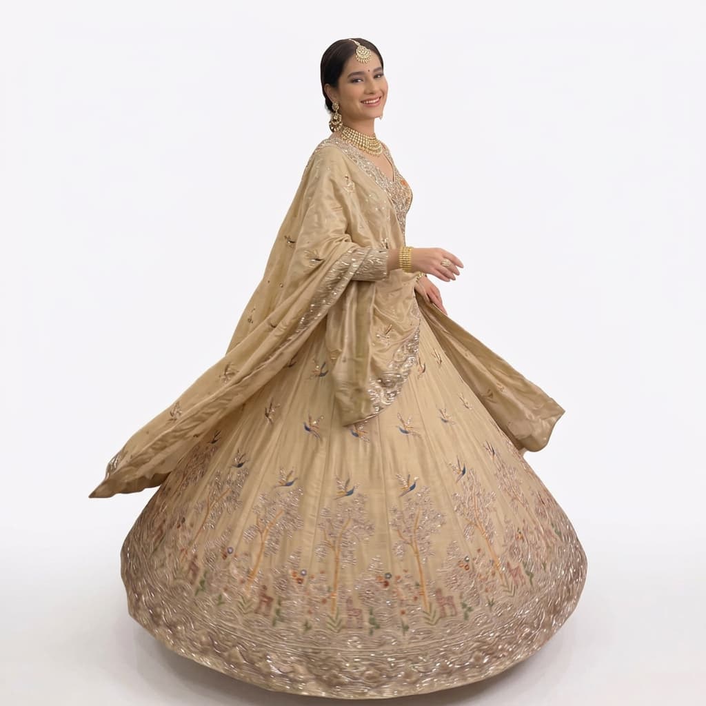 Beige Rangoli Silk Embroidered Lehenga Set - HC-1135