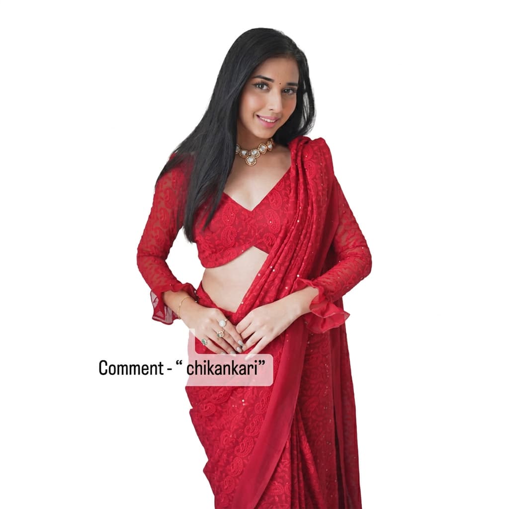 Red Georgette Chikankari Ready-to-Wear Saree - HC-716