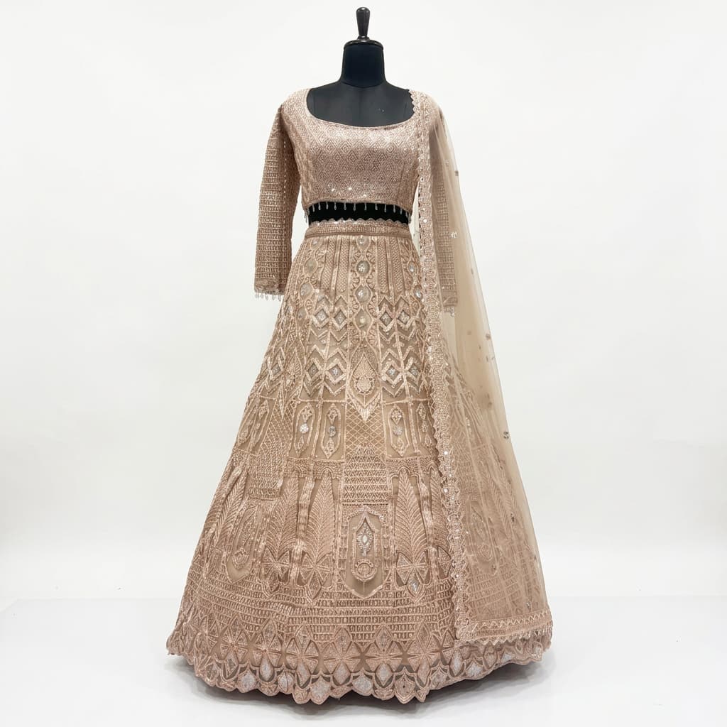 Beige Butterfly Net Semi-Stitched Lehenga Set - HC-1161
