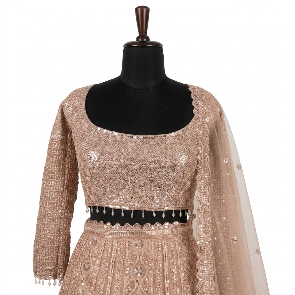 Beige Butterfly Net Semi-Stitched Lehenga Set - HC-1161