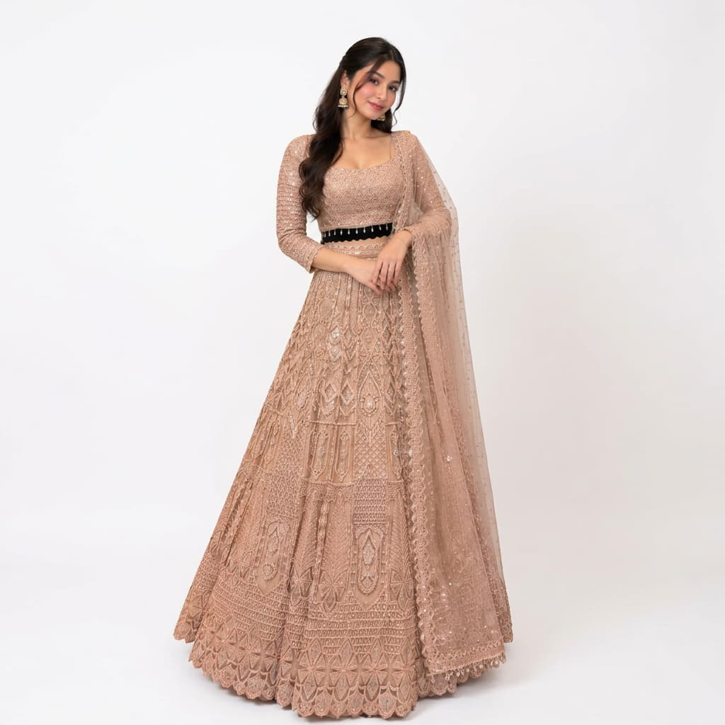Beige Butterfly Net Semi-Stitched Lehenga Set - HC-1161