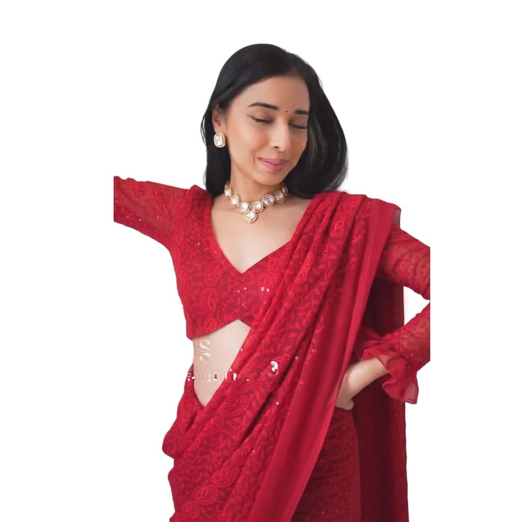 Red Georgette Chikankari Ready-to-Wear Saree - HC-716