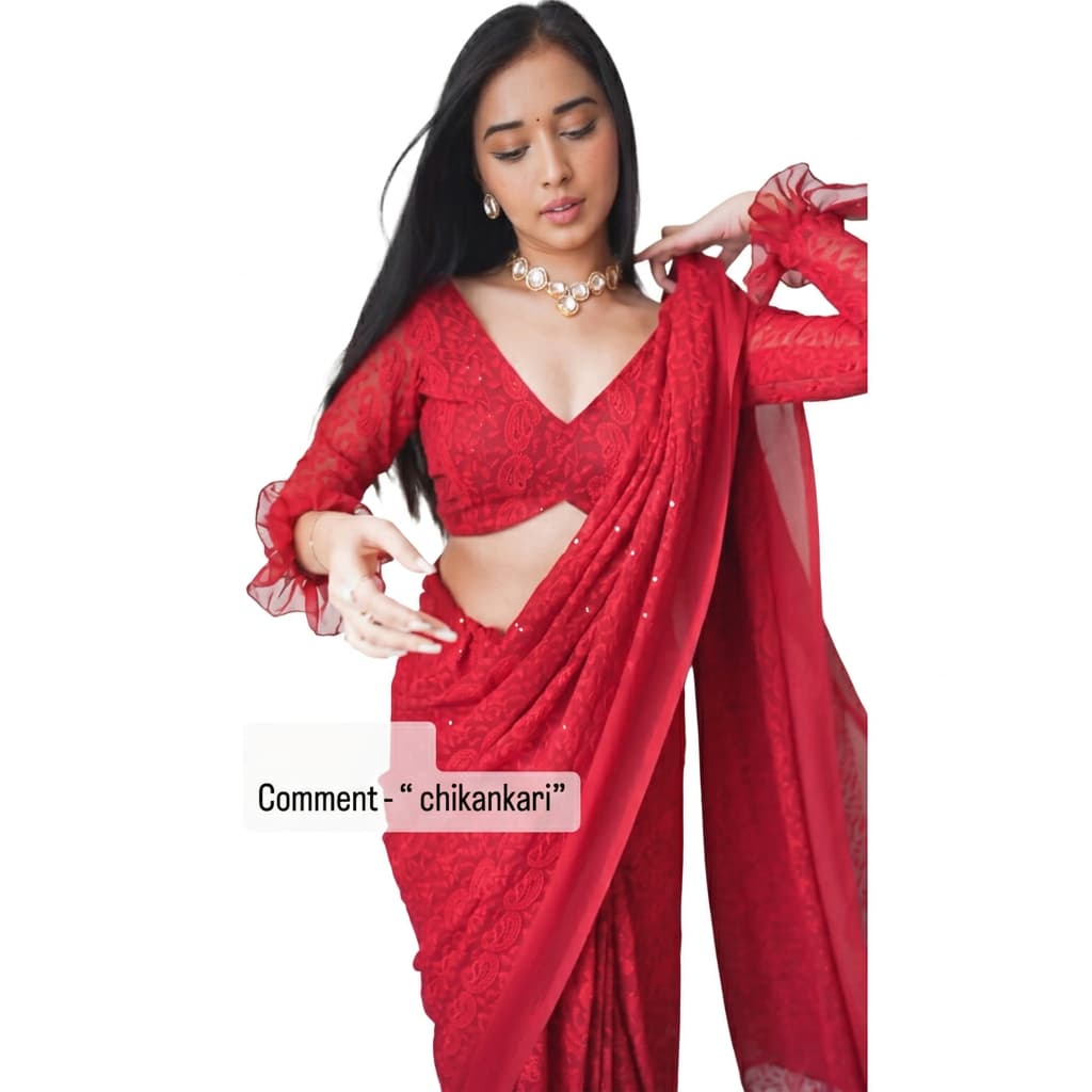 Red Georgette Chikankari Ready-to-Wear Saree - HC-716