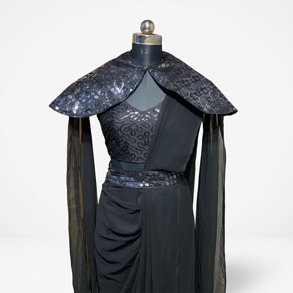 Black Faux Georgette Drape Saree with Embroidered Shrug - HC-SALE