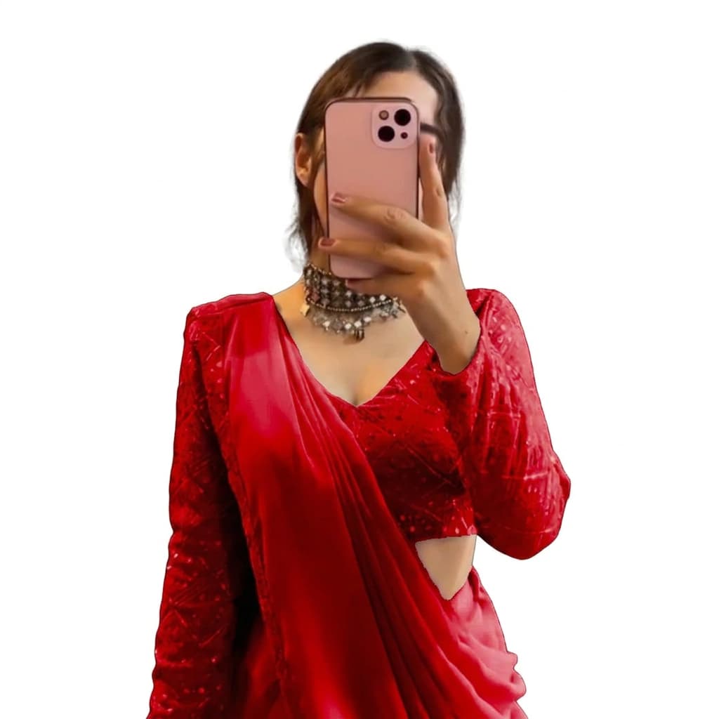 Red Georgette Chikankari Ready-to-Wear Saree with Belt - HC-621