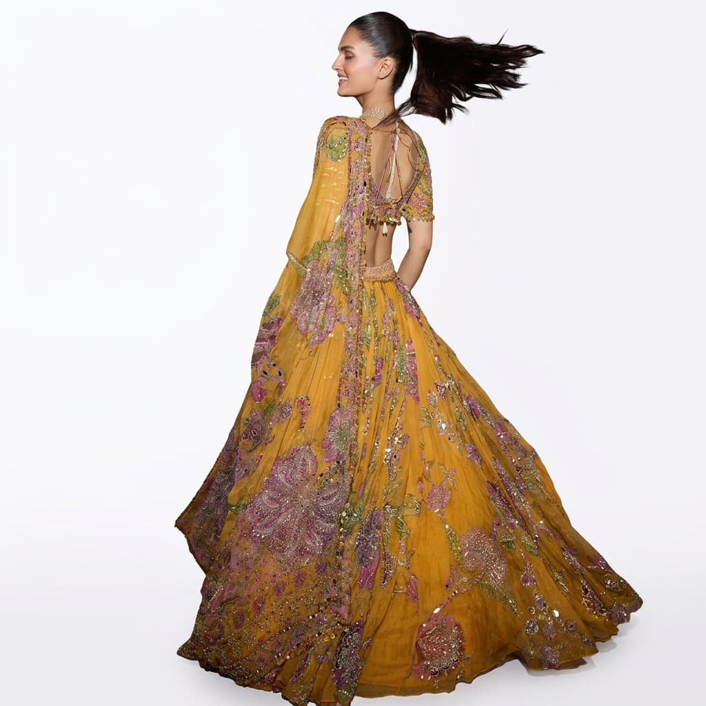 Yellow Taby Silk Lehenga Choli Set with Mirror Work – HC-1159