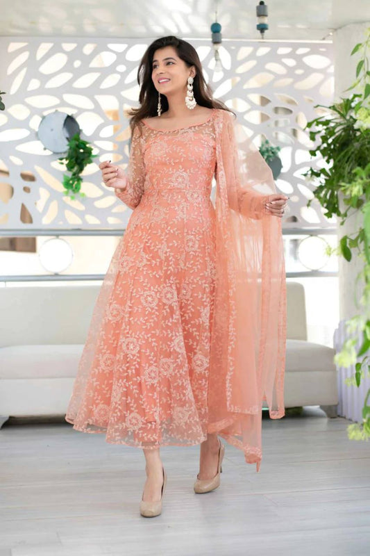 Bollywood Indian Pakistani Ethnic Party Wear Women Soft Pure Butterfly Net Peach Anarkali Suit Set Dress