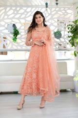 Bollywood Indische Pakistanische Ethnische Party Tragen Frauen Weiche Reine Schmetterling Netz Pfirsich Anarkali Anzug Set Kleid