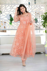 Bollywood Indian Pakistani Ethnic Party Wear Women Soft Pure Butterfly Net Peach Anarkali Suit Set Dress