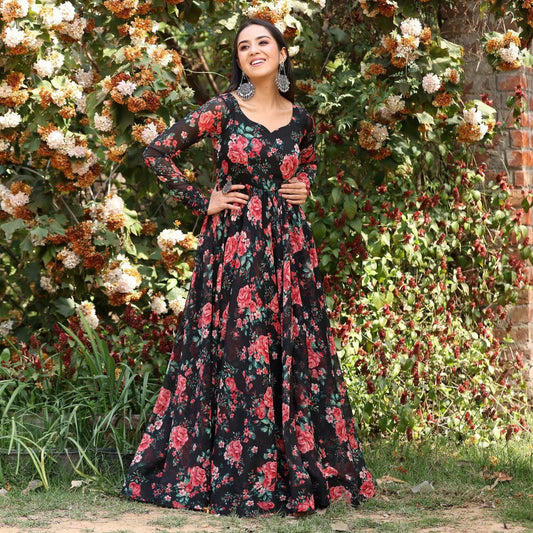 Bollywood Indian Pakistani Ethnic Party Wear Women Soft Pure Georgette Black Rose Maxi Dress