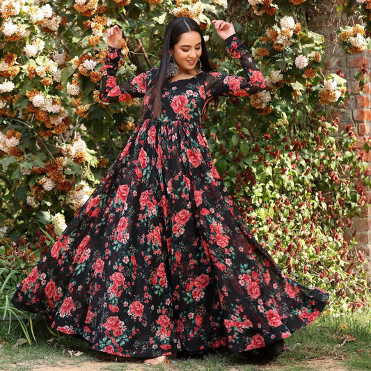 Bollywood Indische Pakistanische Ethnische Party Tragen Frauen Weiche Reine Georgette Schwarz Rose Maxi Kleid