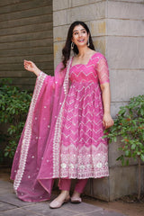 Bollywood Indian Pakistani Ethnic Party Wear Women Soft Pure Organza Pink Suit Set Dress