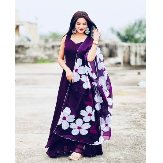 Bollywood Indian Pakistani Ethnic Party Wear Women Soft Pure Georgette Purple Solid Kurta Set With Floral Dupatta Dress