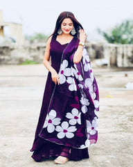 Болливудская индийская пакистанская этническая праздничная одежда для женщин, мягкий чистый жоржет, фиолетовый однотонный комплект Kurta с цветочным платьем Dupatta
