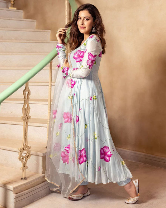 Bollywood Indian Pakistani Ethnic Party Wear Women Soft Pure Tubby Organza Maxi With Dupatta Dress