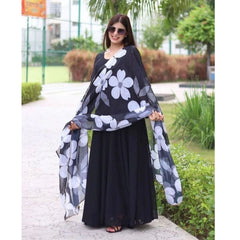 Bollywood Indian Pakistani Ethnic Party Wear Women Soft Pure Georgette Black Solid Kurta Set With Floral Dupatta Dress