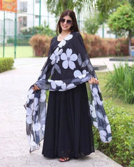 Болливудская индийская пакистанская этническая праздничная одежда, женский мягкий чистый жоржет, черный однотонный комплект Kurta с цветочным платьем Dupatta