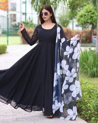 Bollywood Indische Pakistanische Ethno Party Wear Damen Weiches Reines Georgette Schwarz Massives Kurta Set Mit Floralem Dupatta Kleid