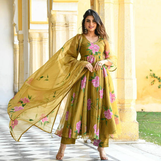 Bollywood Indian Pakistani Ethnic Party Wear Women Soft Pure Organza Mustard Brush Paint Suit With Dupatta Dress