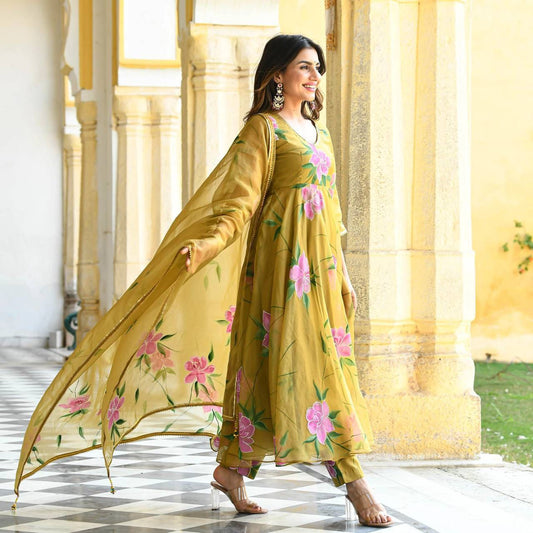 Bollywood Indian Pakistani Ethnic Party Wear Women Soft Pure Organza Mustard Brush Paint Suit With Dupatta Dress