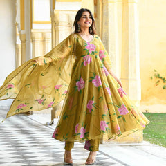 Bollywood Indian Pakistani Ethnic Party Wear Women Soft Pure Organza Mustard Brush Paint Suit With Dupatta Dress