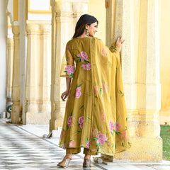 Bollywood Indian Pakistani Ethnic Party Wear Women Soft Pure Organza Mustard Brush Paint Suit With Dupatta Dress