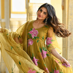 Bollywood Indian Pakistani Ethnic Party Wear Women Soft Pure Organza Mustard Brush Paint Suit With Dupatta Dress