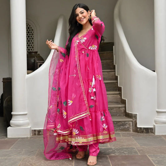 Bollywood Indische Pakistanische Ethno Party Wear Damen Weiche Reine Tubby Organza Hot Pink Anarkali Mit Dupatta Kleid