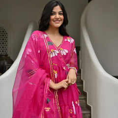 Болливудская индийская пакистанская этническая праздничная одежда женская мягкая чистая органза ярко-розового цвета Anarkali с платьем Dupatta
