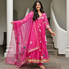 Bollywood Indische Pakistanische Ethno Party Wear Damen Weiche Reine Tubby Organza Hot Pink Anarkali Mit Dupatta Kleid