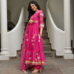 Bollywood Indische Pakistanische Ethno Party Wear Damen Weiche Reine Tubby Organza Hot Pink Anarkali Mit Dupatta Kleid