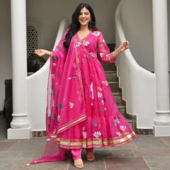 Болливудская индийская пакистанская этническая праздничная одежда женская мягкая чистая органза ярко-розового цвета Anarkali с платьем Dupatta