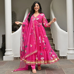 Bollywood Indische Pakistanische Ethno Party Wear Damen Weiche Reine Tubby Organza Hot Pink Anarkali Mit Dupatta Kleid