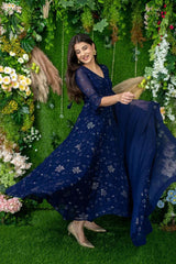 Болливудская индийская пакистанская этническая праздничная одежда, женский мягкий чистый жоржет, темно-синий костюм Анаркали с платьем Dupatta