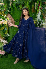 Болливудская индийская пакистанская этническая праздничная одежда, женский мягкий чистый жоржет, темно-синий костюм Анаркали с платьем Dupatta