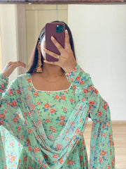 Bollywood Indische Pakistanische Ethno Party Wear Damen Weicher Reiner Kunst Georgette Mint Floral Anzug Kleid