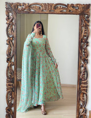 Bollywood Indian Pakistani Ethnic Party Wear Women Soft Pure Faux Georgette Mint Floral Suit Dress