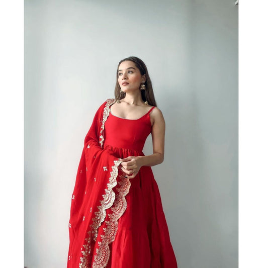 Bollywood Indian Pakistani Ethnic Party Wear Soft Pure Red Silk Anarkali Dress