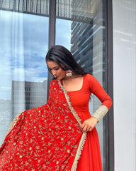 Bollywood Indische Pakistanische Ethno Party Wear Weiches reines blühendes Georgette Anarkali Regal Rotes Anzugkleid