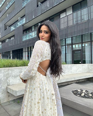 Bollywood Indische Pakistanische Ethno Party Wear Weiches reines Kunstgeorgette Weiß Latkan Chikankari Outfit Kleid