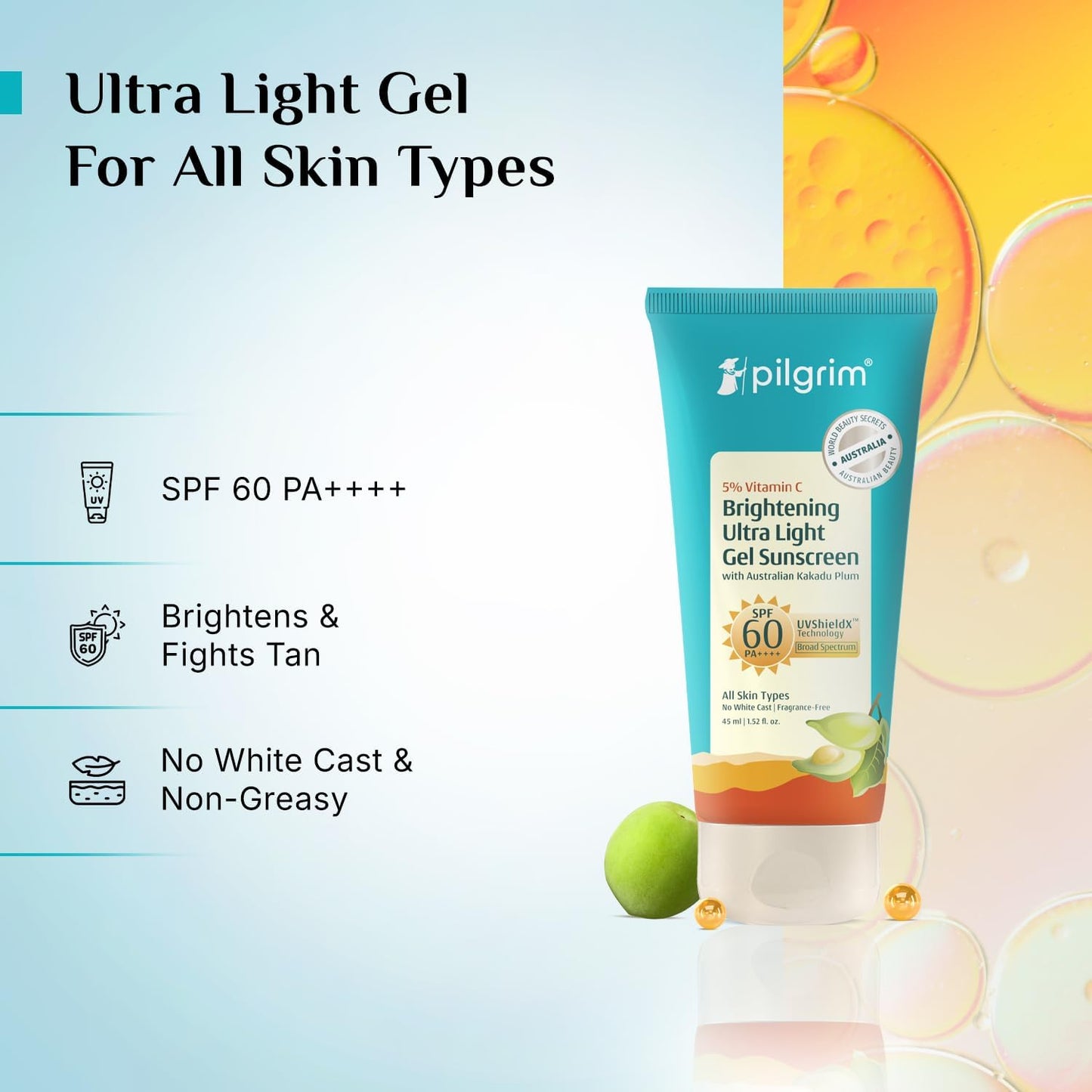 Pilgrim Cosmetics 5% Vitamin C Brightening Ultra Light Gel Sunscreen SPF 60 PA++++ 45ml