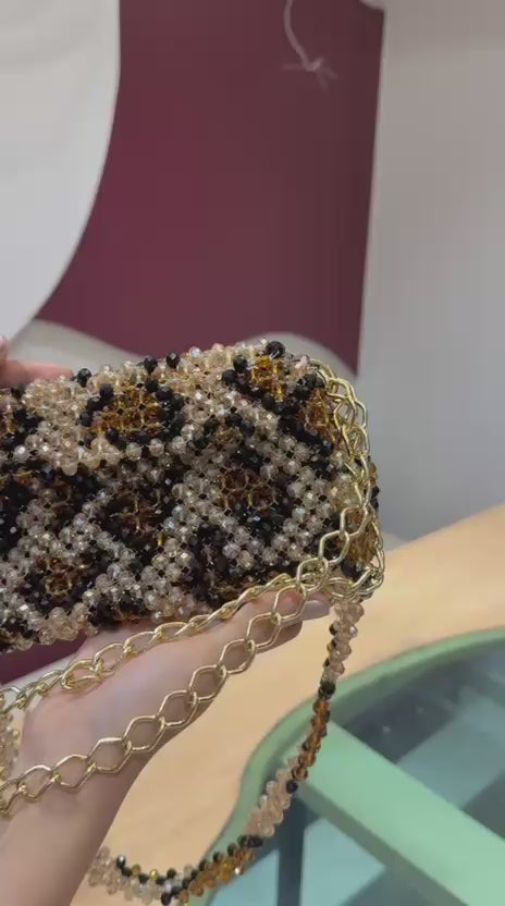 Women  Luxurious Leopard Beaded Bag ( Golden, Black and Brownish Crystal Used) * Golden Metal Chain * 1 meter * Also Available a Leonard Design Shoulder Belt