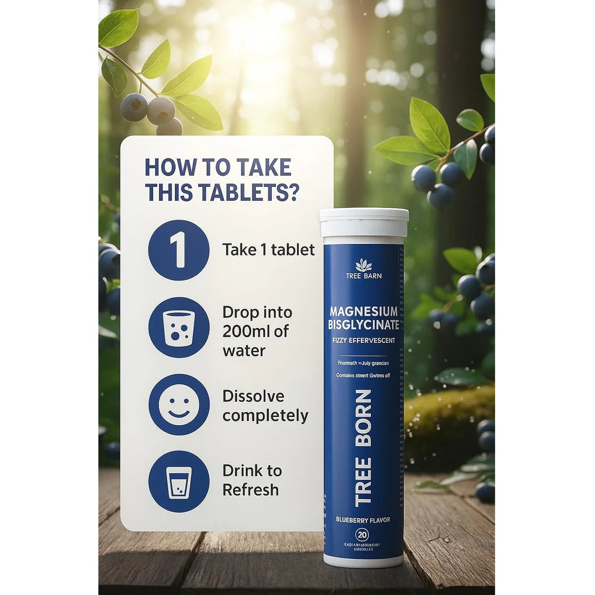 TREEBORN Magnesium Supplements Bisglycinate Effervescent For Muscle Health and Stress Blue Berry Flavour 20 Tablets For Muscle Health and Stress Blue Berry Flavour