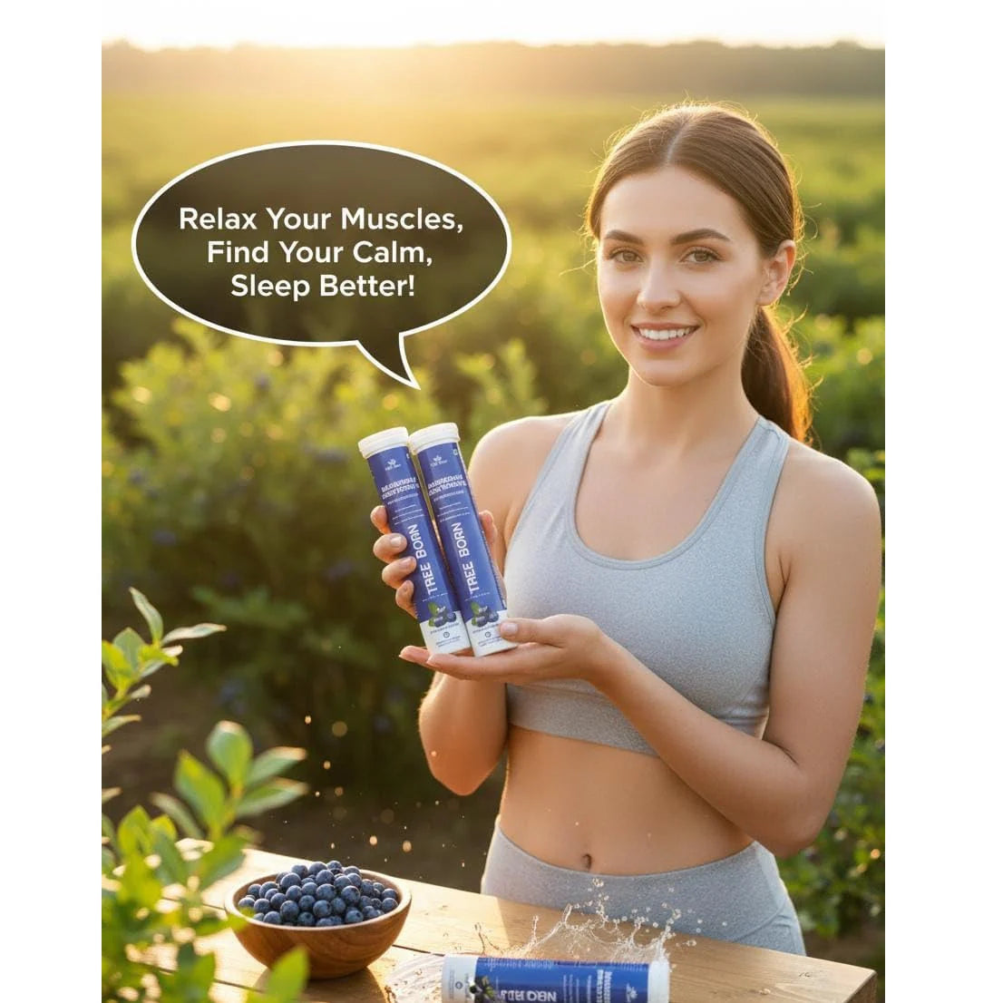 TREEBORN Magnesium Supplements Bisglycinate Effervescent For Muscle Health and Stress Blue Berry Flavour 20 Tablets For Muscle Health and Stress Blue Berry Flavour