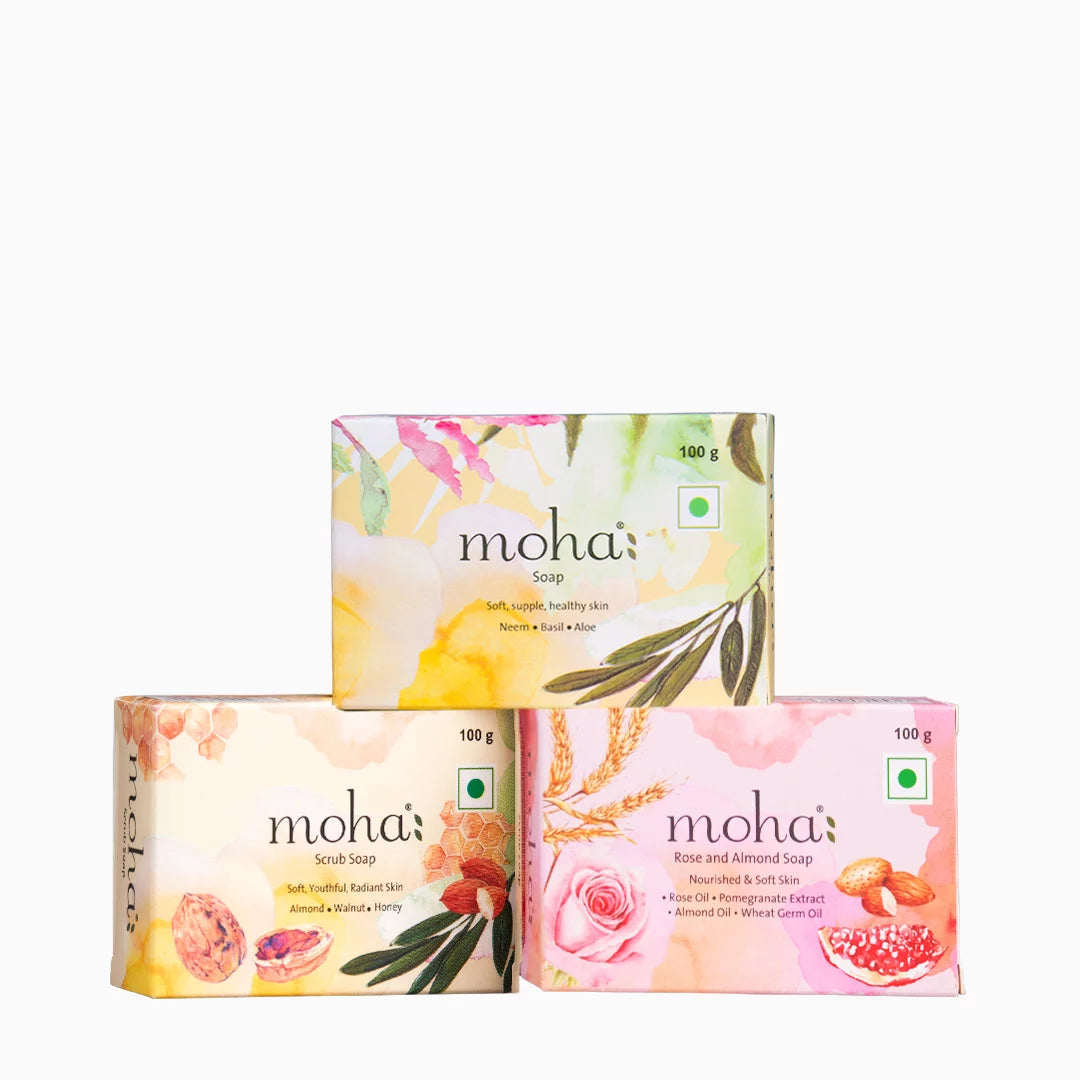 Moha Cosmetics Multi Herbal,Rose & Almond & Scrub Soap Trio Pack Combo