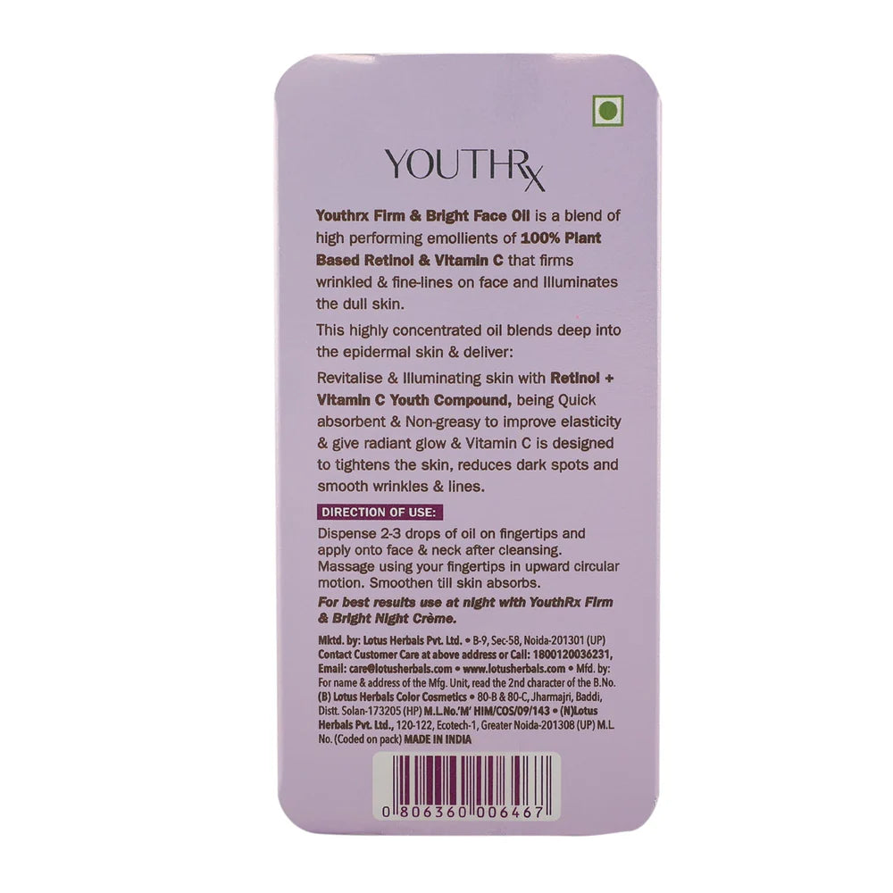 Lotus Herbals Cosmetics Youthrx Firm & Bright Face Oil 15ml